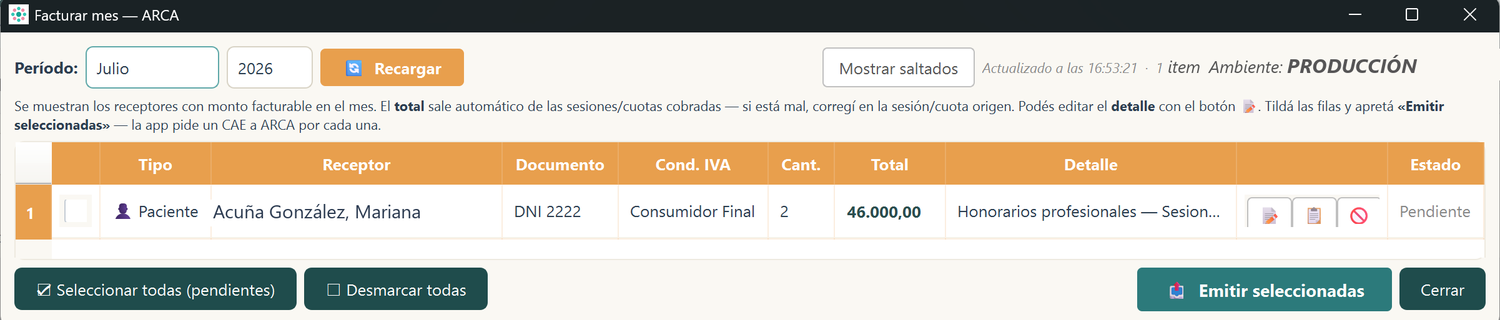 Pantalla de facturación mensual contra ARCA con una factura lista para emitir