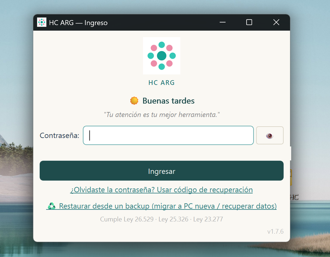 Pantalla de ingreso de HC ARG con saludo personalizado al profesional